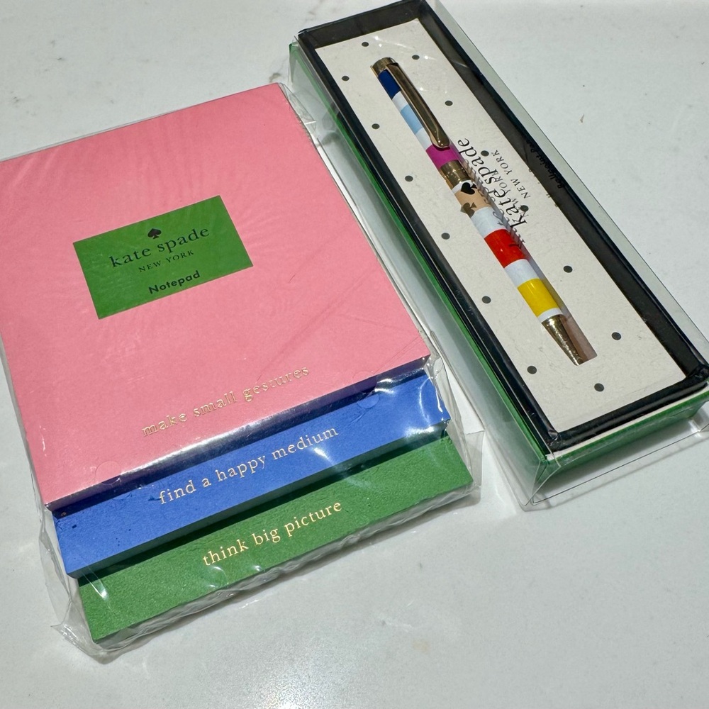 Kate Spade Pink & Blue Notepad Set of 3 & Candy Striped Ballpoint Ink Pen NWT